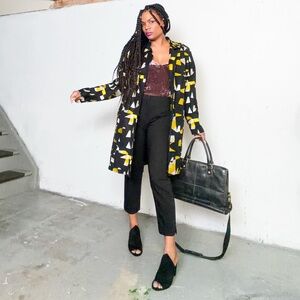 Vintage Black Suit Jacket with Yellow & White Geometric Print, 12